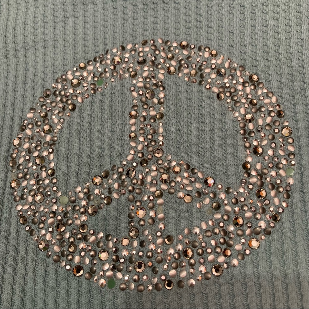 Y2K Embellished Peace Sign Waffle Knit Long Sleeve Top - Light Blue - Picture 2 of 5